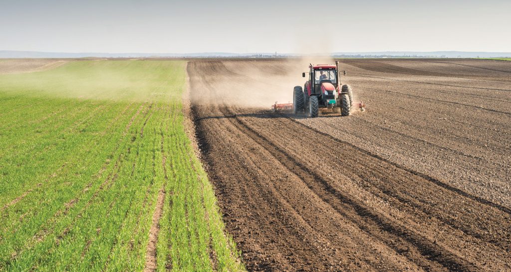 Imagem ilustrativa que mostra um campo com trator. 