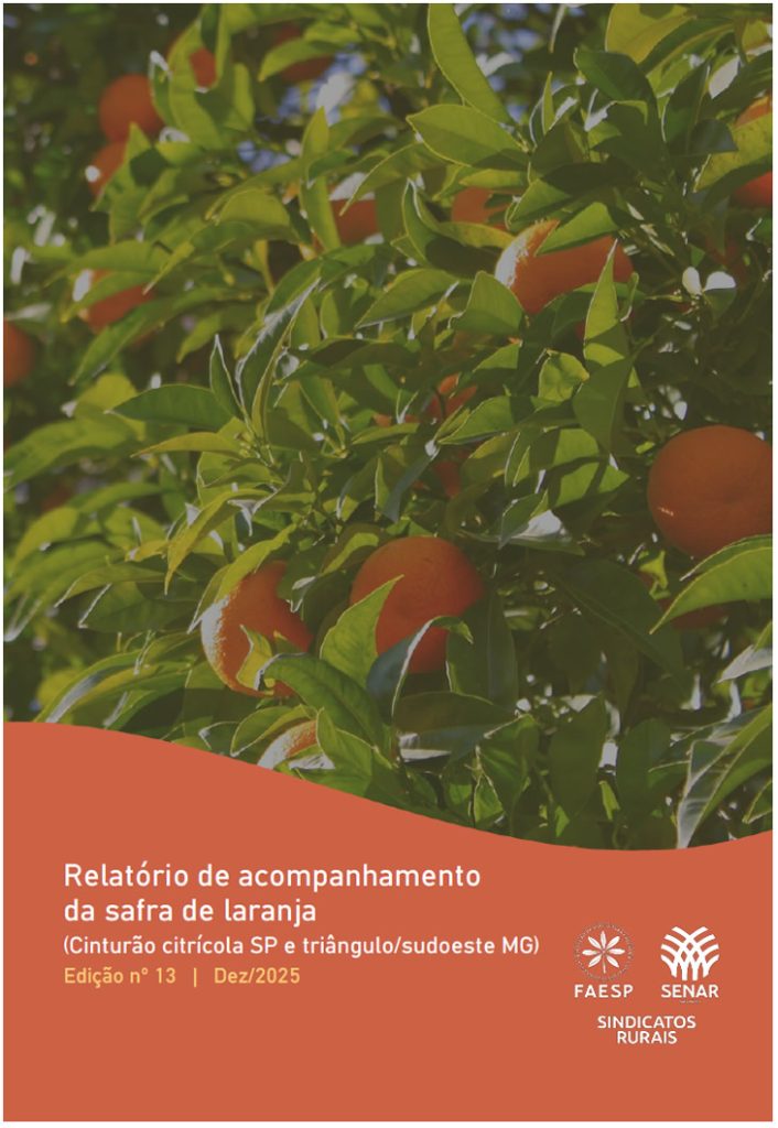 Capa do Relatório de acompanhamento da safra de laranja com imagem de plantação de laranja que ao clicar abre o arquivo correspondente.