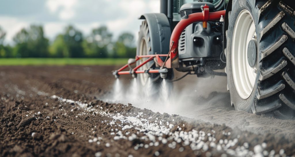 Imagem ilustrativa - Trator aplicando fertilizante granular no solo em um campo agrícola