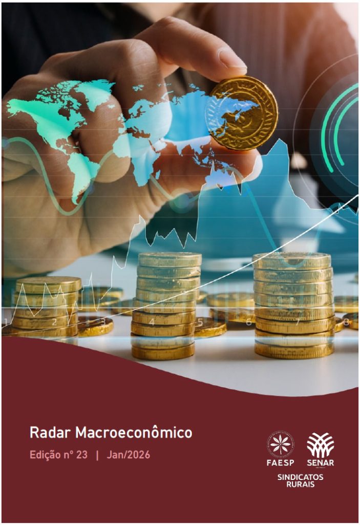 Capa do relatório de radar macroeconômico - Edição nº 23. A imagem mostra uma pessoa de negócios segurando uma moeda de ouro acima de pilhas de outras moedas, em um cenário digital com gráficos financeiros sobrepostos e um mapa-múndi.