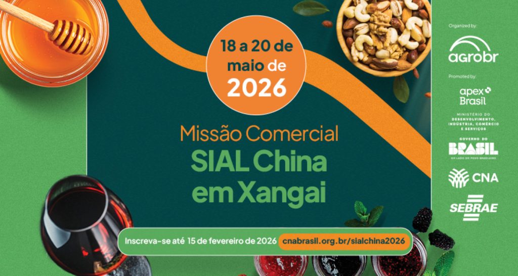  Imagem de divulgação da Missão Comercial SIAL China em Xangai, que ocorrerá de 18 a 20 de maio de 2026 . A imagem apresenta elementos visuais como mel e castanhas, e exibe os logotipos dos organizadores e apoiadores, incluindo ApexBrasil, CNA e Sebrae. O prazo de inscrição é até 15 de fevereiro de 2026.