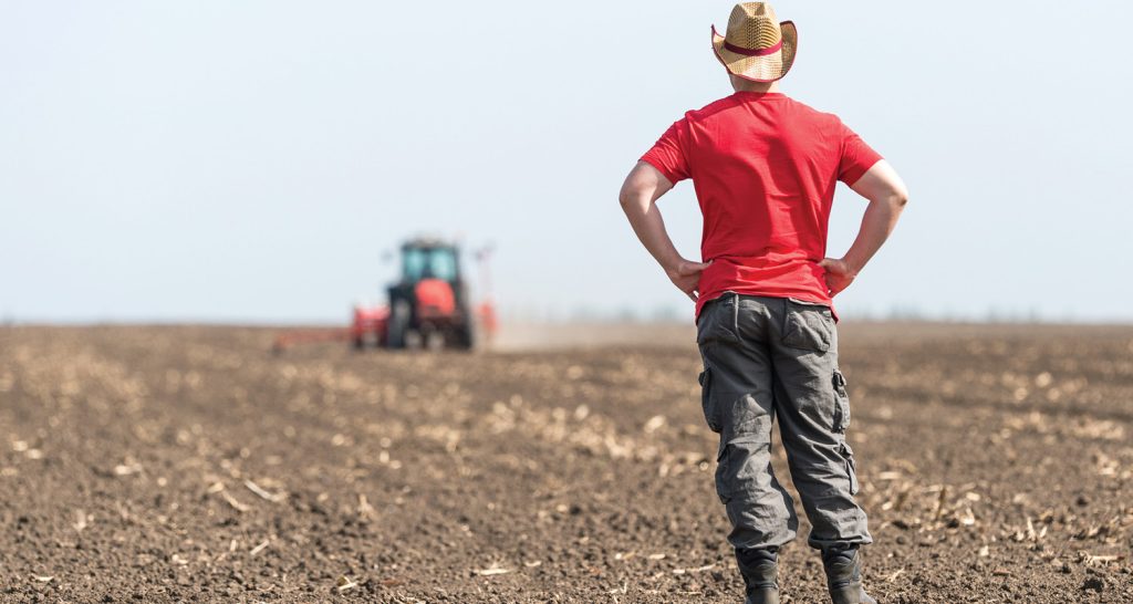 Imagem ilustrativa onde mostra um fazendeiro em pé em um campo arado olhando para um trator ao longe.