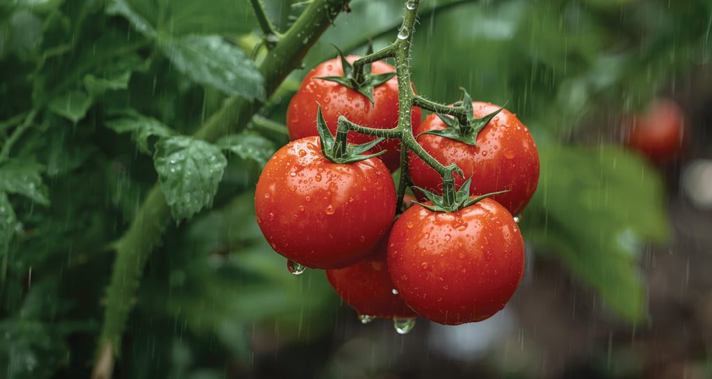 Imagem ilustrativa onde mostra tomates cereja vermelhos e maduros em uma videira, pendurados em um arbusto verde e exuberante, molhados pela chuva.