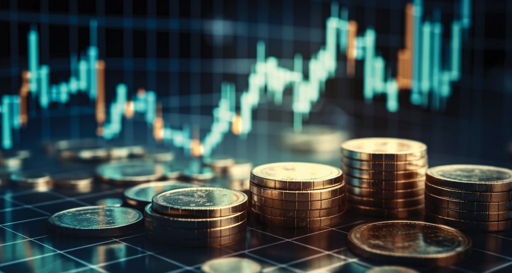 A imagem apresenta uma estética moderna e digital, com foco em moedas metálicas empilhadas em primeiro plano sobre uma superfície escura e reflexiva com gráficos ao fundo. 