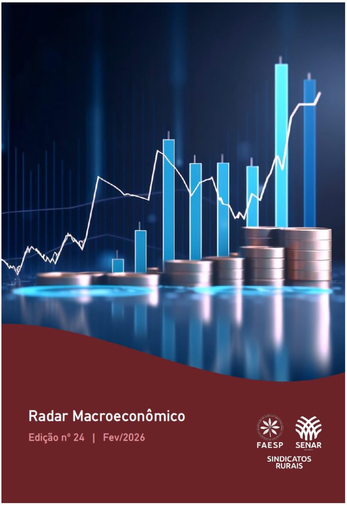 Capa do "Radar Macroeconômico", Edição nº 24, de fevereiro de 2026. A imagem apresenta uma estética moderna e digital, com foco em moedas metálicas empilhadas em primeiro plano sobre uma superfície escura e reflexiva. 