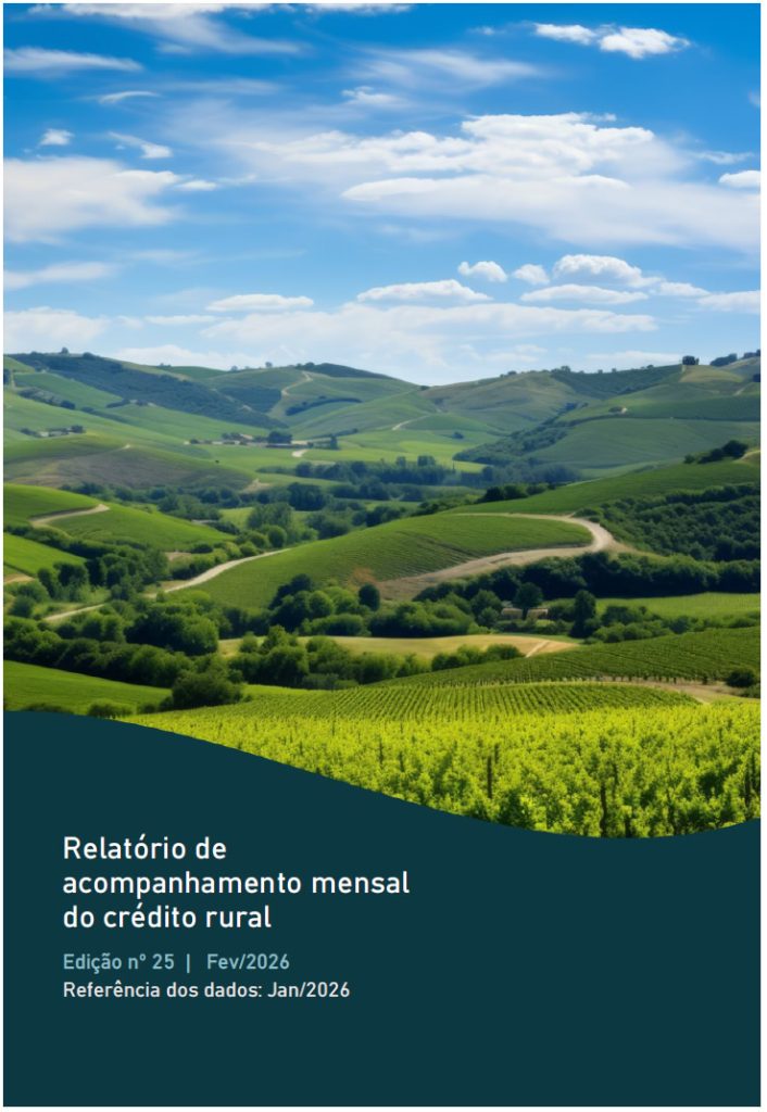 Capa do relatório de acompanhamento mensal do crédito rural, onde mostra uma paisagem rural exuberante, caracterizada por colinas suavemente onduladas cobertas por vastos vinhedos e campos agrícolas verdes. 