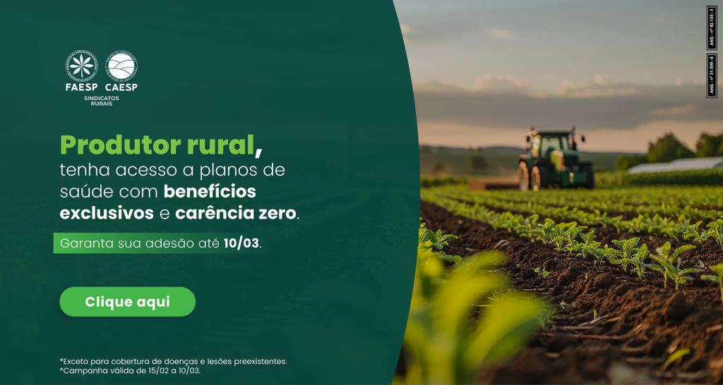 Esta imagem é um anúncio das entidades FAESP (Federação da Agricultura e Pecuária do Estado de São Paulo) e CAESP (Comissão de Agricultura e Pecuária), destinado a produtores rurais.
O texto principal destaca a oferta de planos de saúde com benefícios exclusivos e carência zero. Há uma data limite para garantir a adesão com essas condições especiais: 10 de março [Imagem]. O anúncio também inclui um botão de chamada para ação onde se lê "Clique aqui" [Imagem].