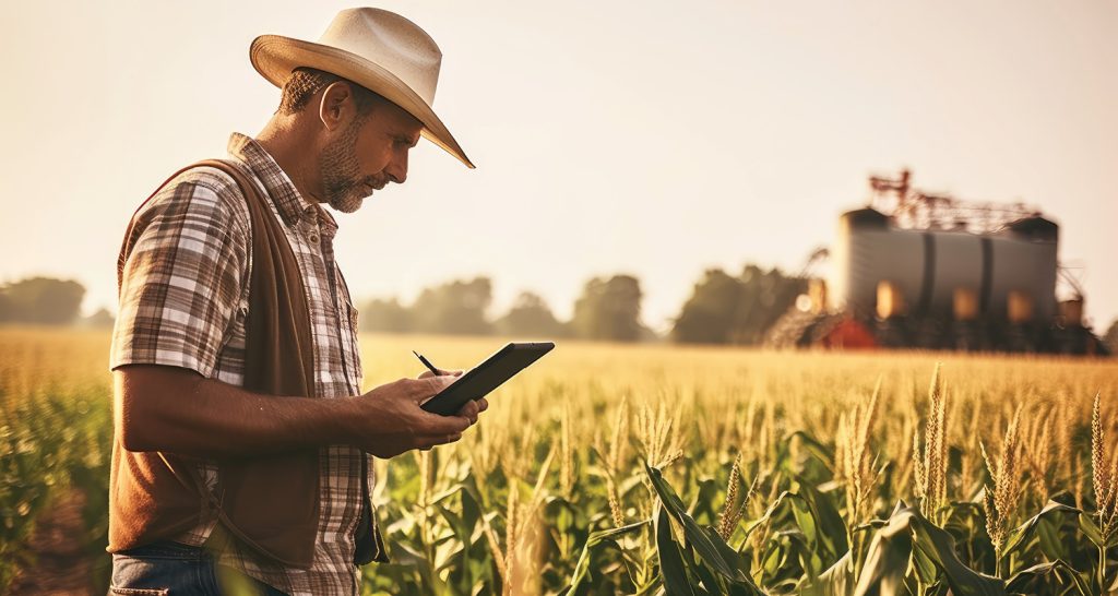 Um agricultor ou agrônomo em pé em um campo de milho ao pôr do sol, utilizando um tablet para monitorar a plantação.