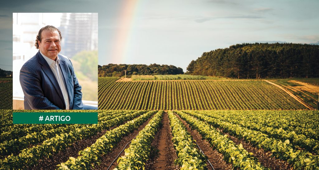 Composição visual dividida em duas partes: à esquerda, o retrato de Tirso Meirelles. À direita e ao fundo, uma vasta plantação verde com fileiras que se estendem até o horizonte, sob um céu com um arco-íris suave e uma área de mata ao fundo.