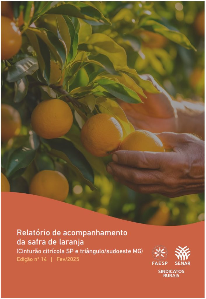 Capa do relatório de acompanhamento da safra de laranja de Fevereiro de 2025 onde mostra a colheita manual de laranjas em um pomar ensolarado.