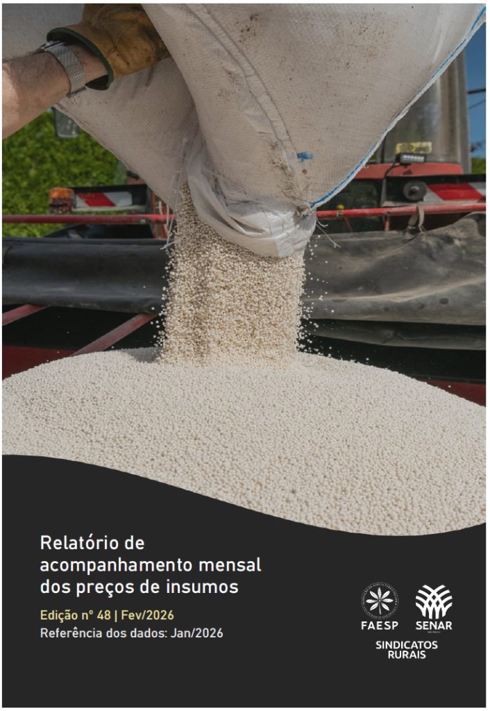 Capa do relatório de acompanhamento mensal dos preços de insumos - Edição nº 48 onde mostra a imagem do processo de descarregamento de fertilizante mineral granulado.