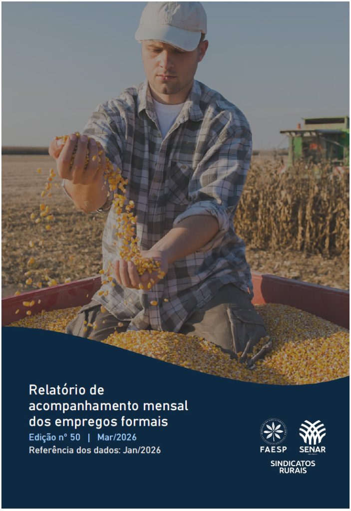 Capa do relatório de acompanhamento mensal dos empregos formais - Edição Nº 50 onde mostra a imagem de um rapaz  com grãos de milho. 