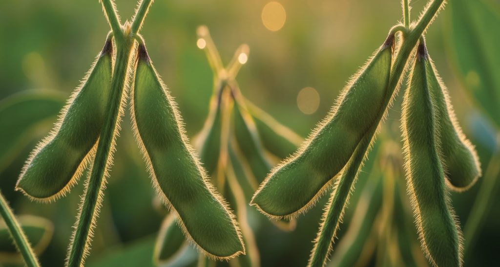 Uma imagem de close-up, em estilo cinematográfico e com iluminação suave de pôr do sol, captura várias vagens de soja (edamame) crescendo em seus ramos. As vagens são verdes vibrantes, levemente curvadas e cobertas por uma fina penugem dourada que brilha intensamente sob a contraluz solar