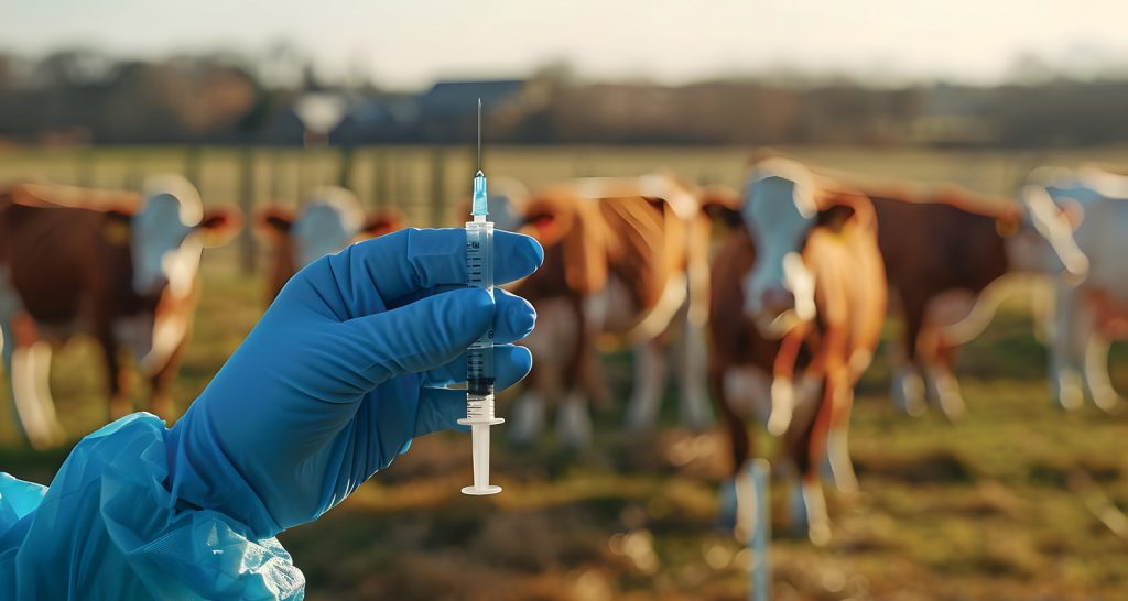 A imagem apresenta um cenário rural focado na saúde animal. Em primeiro plano e com destaque, uma mão usando uma luva de procedimento azul segura uma seringa com agulha, apontada para cima, contendo um líquido transparente e ao fundo um rebanho de bovinos. 