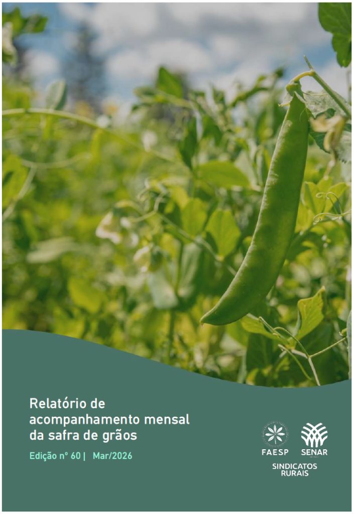 Capa do relatório de acompanhamento mensal da safra de grãos, edição nº 60, com a imagem de campo de vagens. 