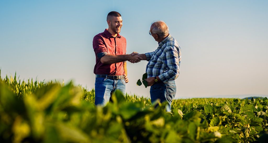 A imagem mostra dois homens em um campo de plantação agrícola sob um céu claro.