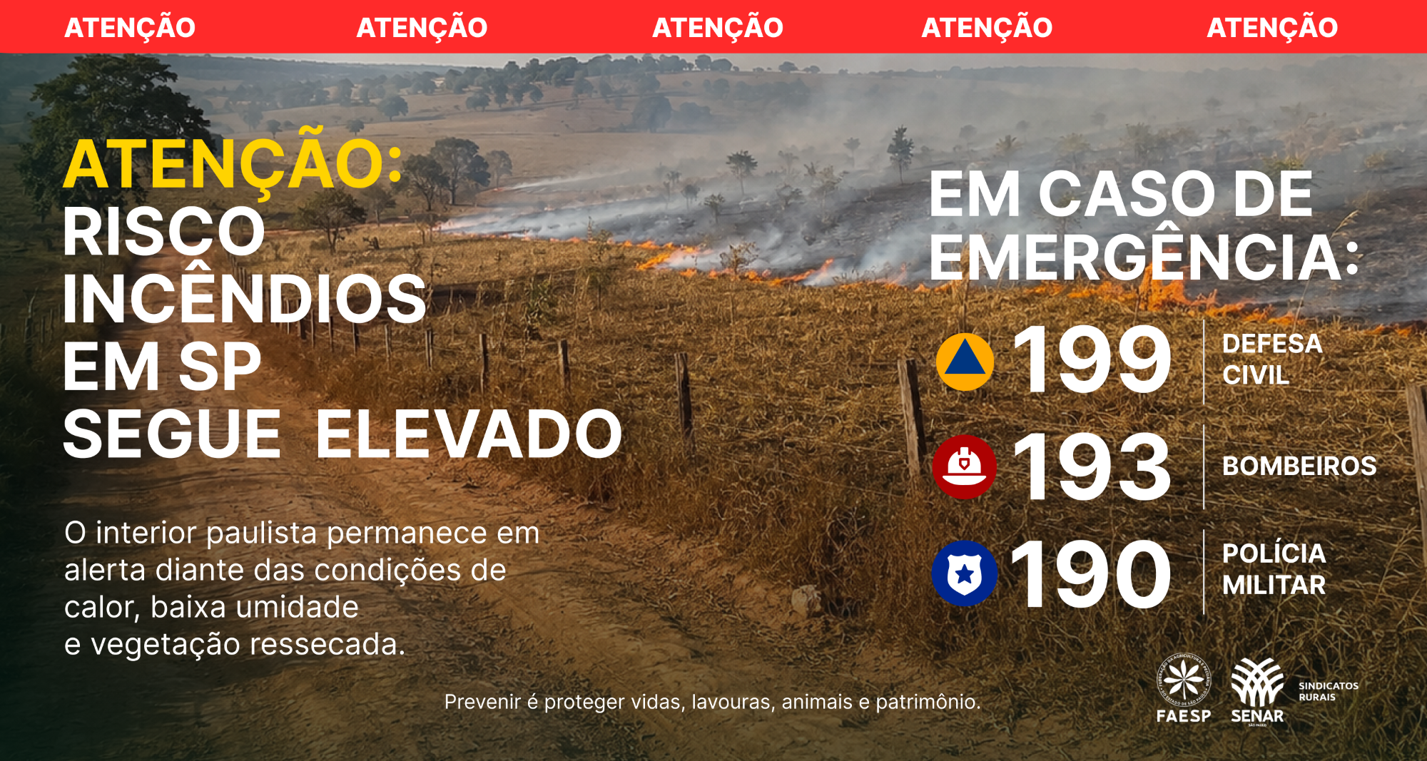 A Defesa Civil do Estado de São Paulo reforça o alerta para o risco de incêndios em áreas de vegetação, especialmente no interior paulista, diante das condições de calor intenso, baixa umidade relativa do ar e vegetação ressecada.