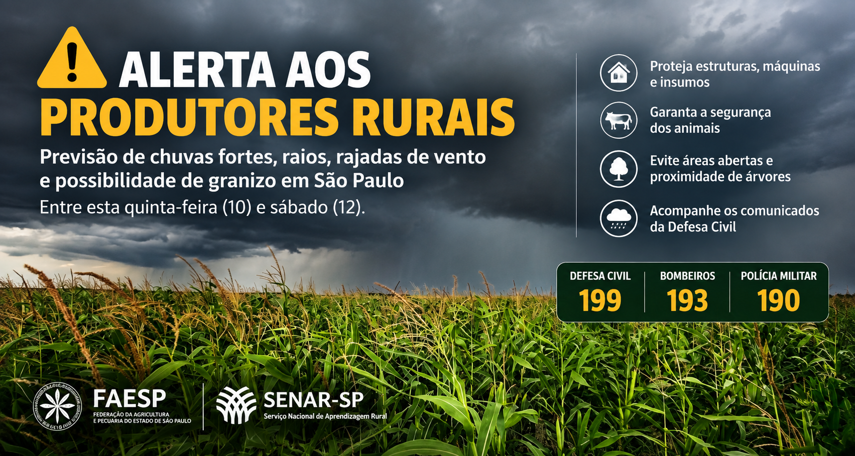 Previsão de chuvas fortes, raios, rajadas de vento e possibilidade de granizo exige atenção redobrada nas propriedades rurais até sábado